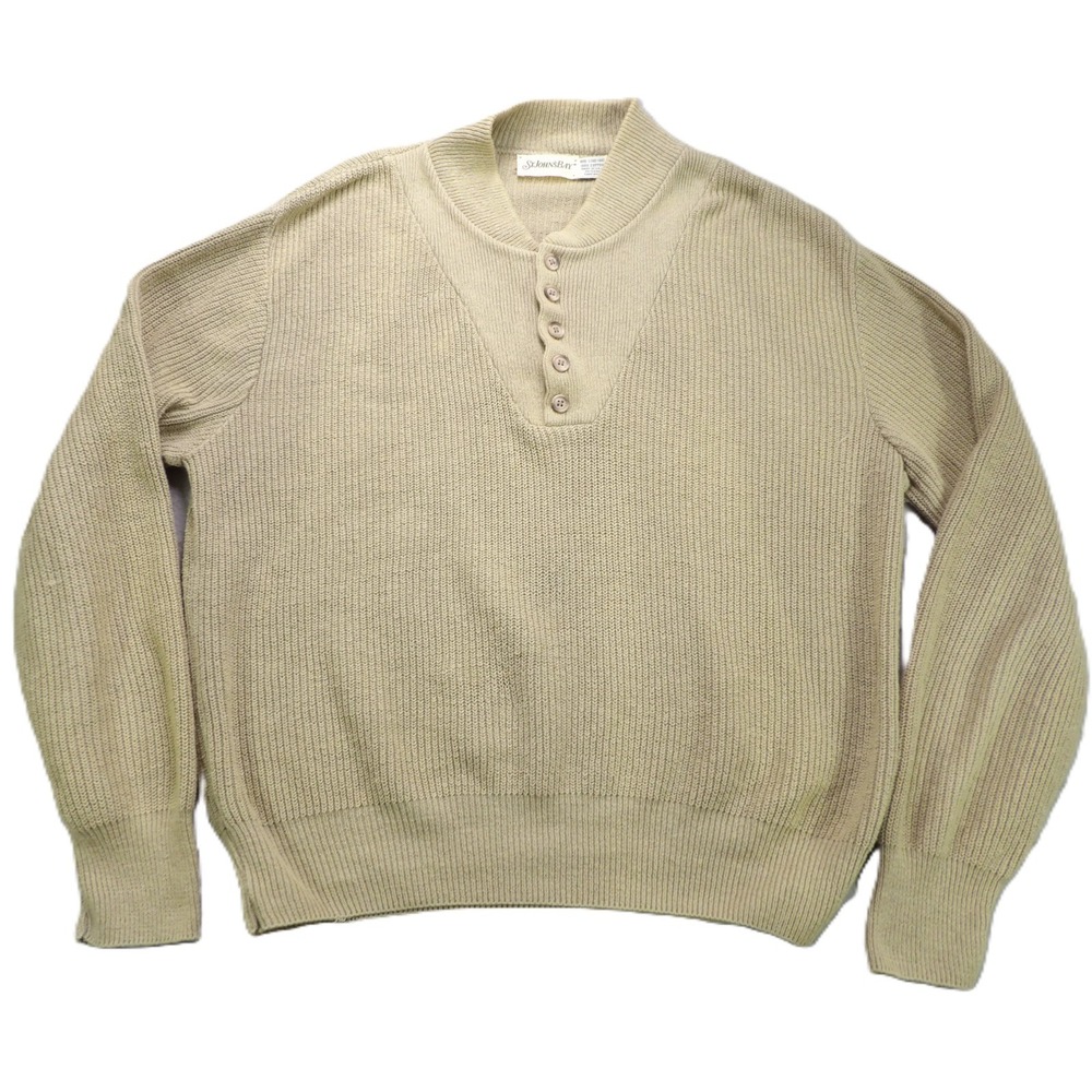VTG St. John's Bay Henley Sweater Cotton Men Large L Beige USA Made Pullover 90s